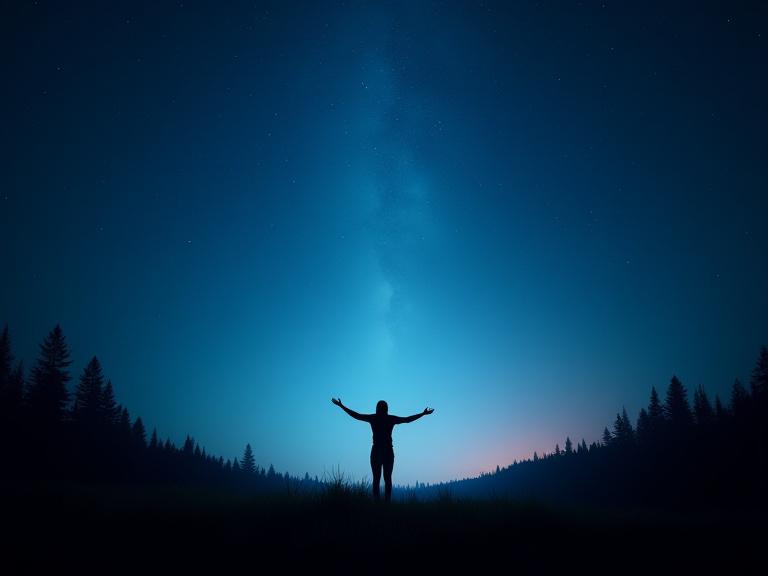 Person utøver mindful starbathing under stjernehimmelen i naturen